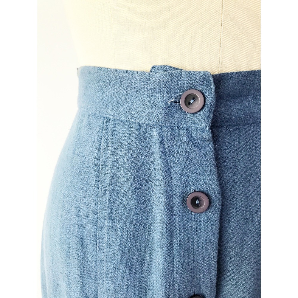 Blue Linen-Look Maxi Skirt Button Front High Waisted Side Slit 4 - Picture 4 of 8